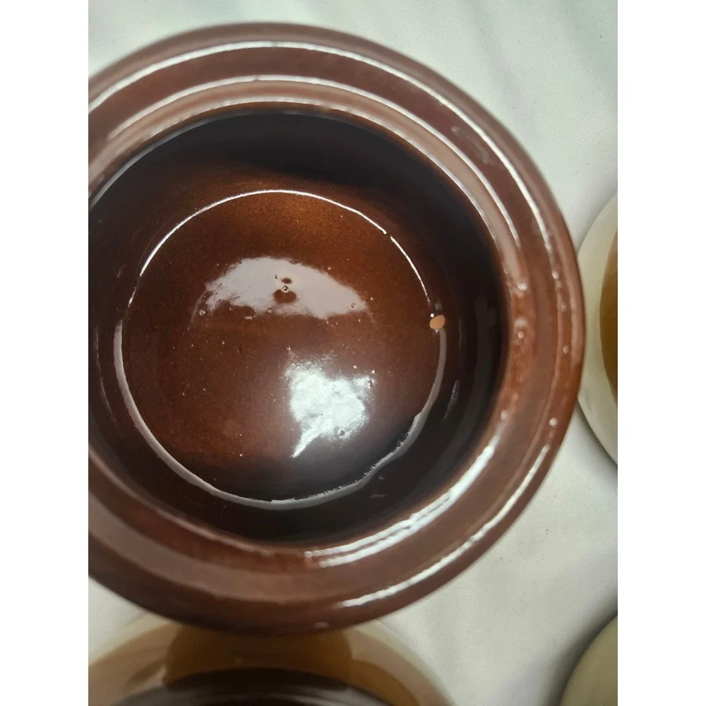 Vintage French Onion Soup Stoneware Crocks with Lids Brown Two Tone Set of 4